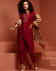 Dark Pink Straight Embroidered Kurta Set