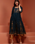 Teal Printed Shantoon Kalidar Kurta