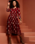 Maroon Gathered Printed Kurta