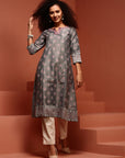 Grey Printed A-Line Kurta