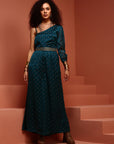 Teal Printed Chiffon One Shoulder Jumpsuit