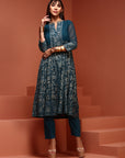Teal Brocade Gathered Kurta Set