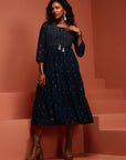 Inkblue Printed Georgette Tiered Dress