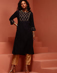 Navy Straight Embroidered Kurta