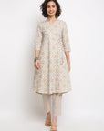 Beige Printed A-line Angrakha Kurta Set