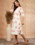 Off-White Floral Print A-Line Dress