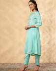 Aqua A-Line Embroidered Kurta Set