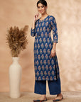 Navy Blue Printed Cotton Kurta Set