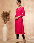 Floral Fuchsia Embellished A-Line Kurta