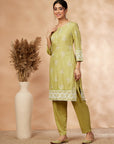 Lime Green Printed Straight Kurta Set