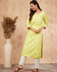 Lime Green Printed Straight Kurta
