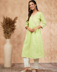 Printed Lime Green Gathered Kurta