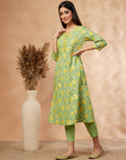 Lime Green Floral Print A-Line Kurta