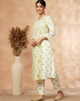 Off-white Floral Print A-line Kurta Set