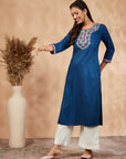 Floral Navy Blue Straight Embellished Kurta set