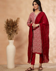 Red Printed A-Line Kurta Set