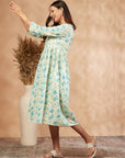 Off-White Cotton Floral Print Gathered Dress