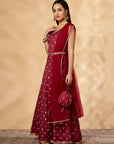 Wine Printed Belt Anarkali Lehenga Set