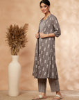 Grey Printed A-Line Kurta Set