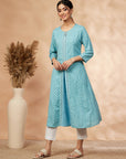 Aqua Rayon A-Line Printed Kurta