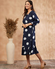 Print Navy Blue Gathered Dress
