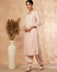 Beige Printed Gathered Straight Kurta Set