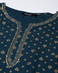 Teal Printed Rayon Kurta Set