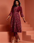 Maroon Printed Shantoon Gathered Kurta Set