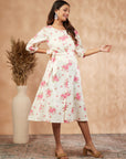 Off-White Floral Print A-Line Dress