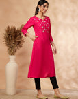 Floral Fuchsia Embellished A-Line Kurta
