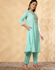 Aqua A-Line Embroidered Kurta Set