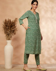 Printed Green A-Line Kurta set