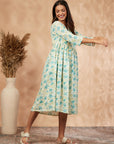 Off-White Cotton Floral Print Gathered Dress