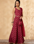 Wine Printed Belt Anarkali Lehenga Set