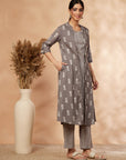 Grey Printed A-Line Kurta Set