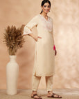 Beige Printed Straight Kurta Set