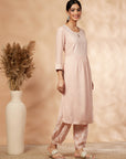 Beige Printed Gathered Straight Kurta Set