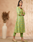 Lime Green Floral Print A-Line Kurta