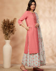 Pink Floral Print Straight Kurta with Palazzo with Dupatta