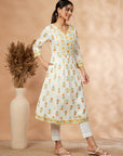 Floral Print Off-White Gathered Kurta