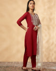 Maroon Embroidered Straight Kurta Set