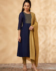Navy Kalidar Embroidered Kurta Set