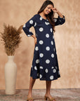 Print Navy Blue Gathered Dress