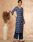 Navy Blue Printed Cotton Kurta Set