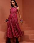 Fuchsia Printed Sleeveless Tiered Dress