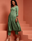 Green Printed Tiered Kurta Set
