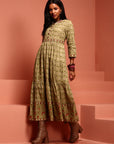 Green Printed Pure Cotton Tiered Dress