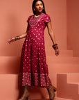 Wine Printed Dress With Net Dupatta