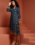 Navy Blue Asymmetric Printed Kurta
