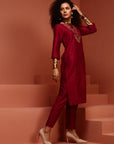 Dark Pink Straight Embroidered Kurta Set